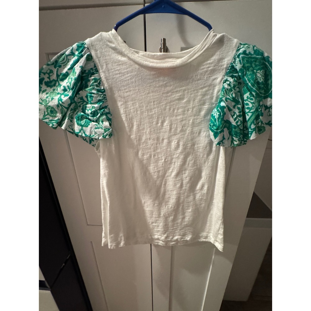 THML Womens XS White Slub Knit Top Green Paisley Puff Sleeve Crew Neck Tee